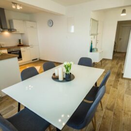 Apartment 6 dining table and kitchen